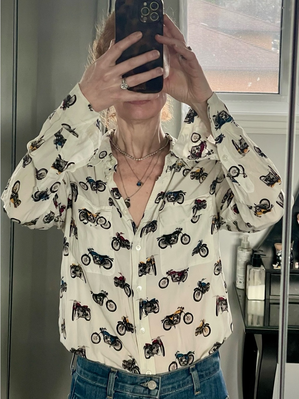 Equipment Cream Blouse with Black and Yellow Motorcycle Print - Picture 2 of 11